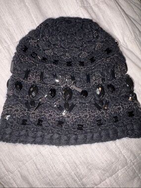 BCBGMaxAzria Black Beaded Knit Slouchy Hat